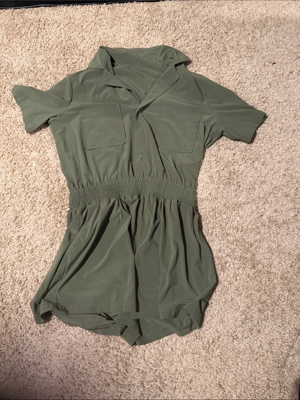 Olive Green Short Sleeve Romper with Smocked Waist